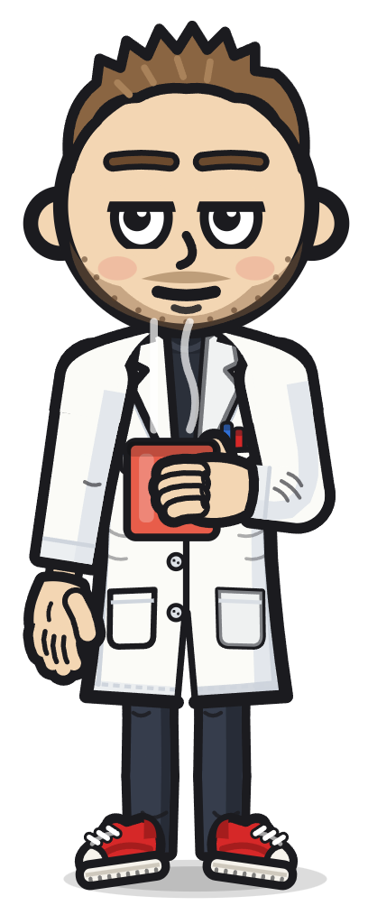 Gus, the channel's cartoon host, in a lab coat holding a mug